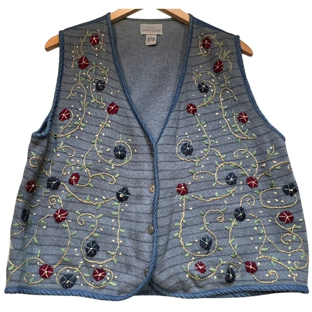 Paul Harris Denim Women's Button Front Cardigan Vest Sz L Blue Embroidery Floral